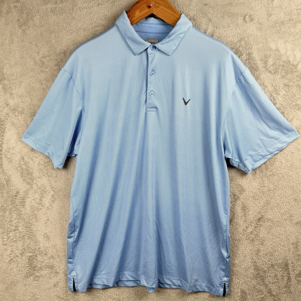 Callaway Polo Shirt Mens XL Light Blue Check S/S Opti-Dri Golf Logo Performance